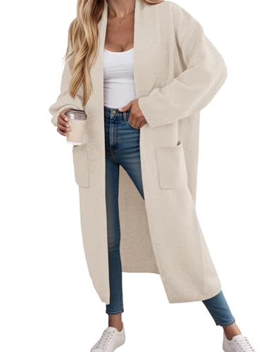 Fisoew Strickjacke Damen Lang Cardigan Langarm Oversized Strickmantel Open Front Sweater Jacke mit Taschen,Aprikose,M