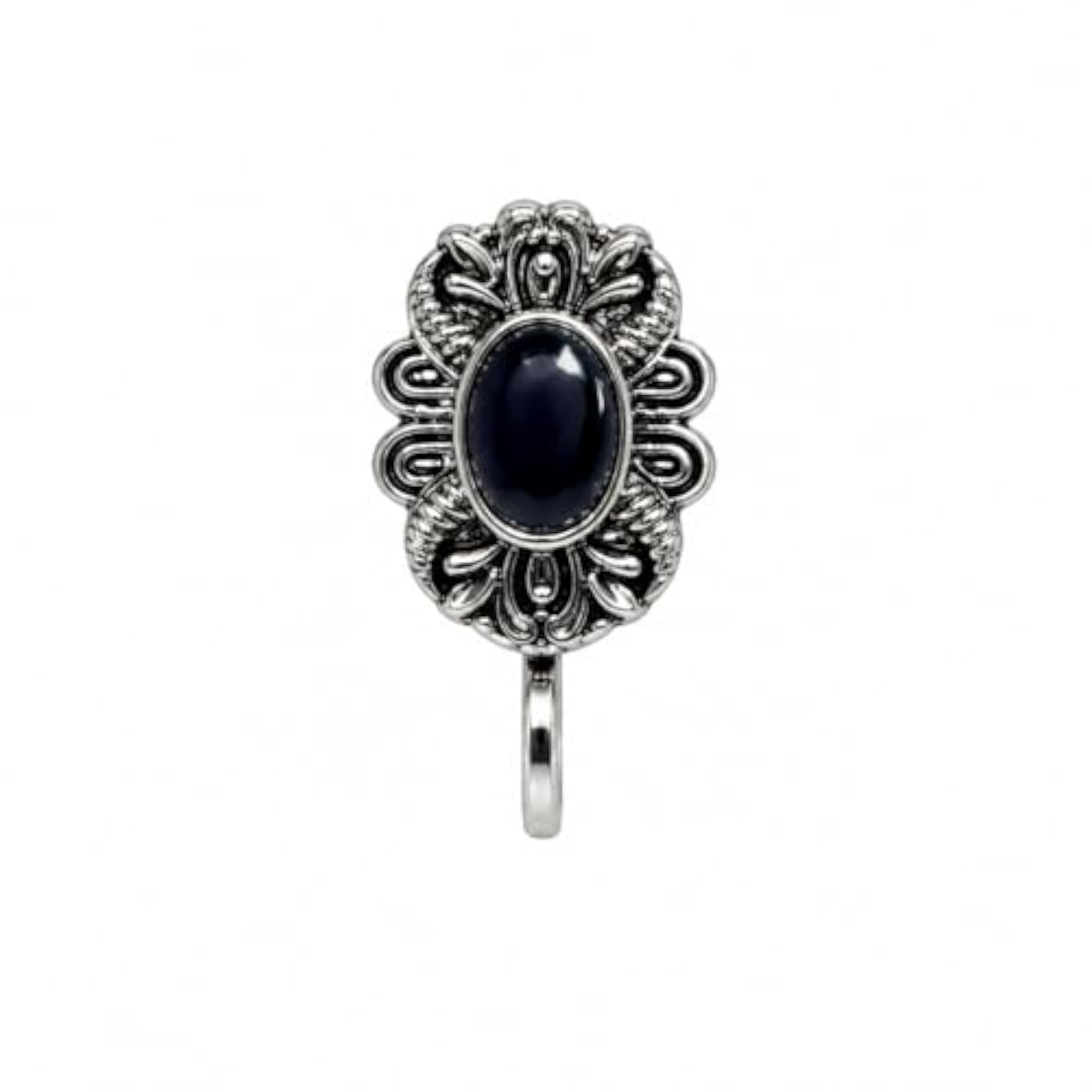 Women's Black Colour Silver Oxidized Tone Studs Nose Pin, Clip-On Design
