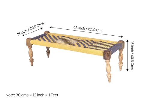 Ikiriya Hamilton Sheesham Wood 2 Seater Maachi Bench | Patio Bench in Yellow & Purple Rope Canning (4 Feet Width; 1 Yr. Warranty)