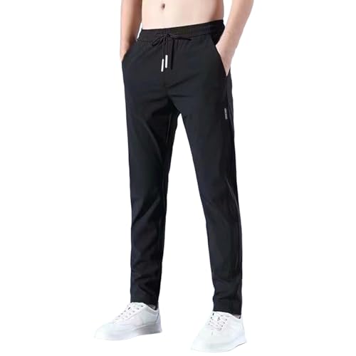 Men Summer Ice Silk Casual Joggers, Solid Color Basic Outdoor Hiking Travel Sweatpants Drawstring Elastic Pockets Pants
