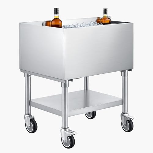 Image of VEVOR Commercial Ice Bin,19 Inch Stainless Steel Ice Chest with Sliding Lid and Bottle Holders, Cooler Cart Cocktail Unit for Bar Restaurant Pub, NSF Certified