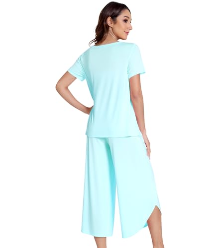 Image of NACHILA Pajamas Set for Women Short Sleeve Sleepwear with Capri Pants Cool Pjs Soft Loungewear,Viscose Made from Bamboo