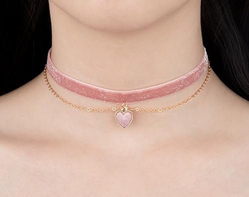 Heveer Samt Halskette Halsband Doppellagige Halskette mit Herz-Anhänger Verstellbare Gothic Choker für Damen Mädchen Rosa
