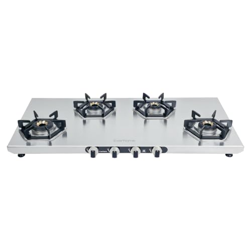 Image of Everflame Hexon Long 4 Burner Stainless Steel Gas Stove | 2mm Thick Jointless SS Body | 3D Forged Brass Burner | ISI Certified | Manual Ignition | 2 Years Manufacturer Warranty