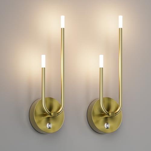 Image of Aipsun Gold Battery Operated Wall Sconce Set of 2, Modern LED Rechargeable Wall Sconce Stepless Dimming Wireless Wall Lights for Bedroom,Living Room,Hallway Warm Light 3000K