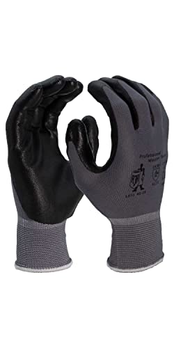 FLEXEO 12 pares de guantes de trabajo PSA EN 388 Categoría II Guantes de trabajo Guantes de trabajo para hombre talla 8, 9, 10, 11 revestimiento de nitrilo poliéster negro gris taller (10) Cover