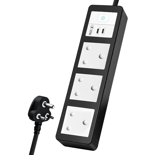 Image of MX 35W Extension Board PD GaN Charger Super Fast Charging 2 Type-C, 3 Indian 16A Sockets (2600W) Multiport Desktop Power Strip for iPhone Android Laptop Tablet Charging Station 1.5M Cable