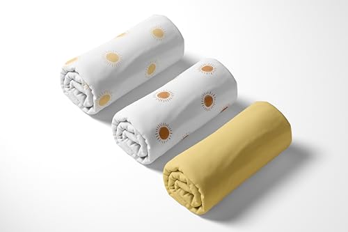 Image of Sweet Jojo Designs 3-Piece Baby Crib Sheets Set (White and Yellow Boho Sun) for Girls /Boys, Infant Nursery, Toddler Room - Fitted, Standard Size (Solid Mustard & Pumpkin Orange Bohemian, Celestial)