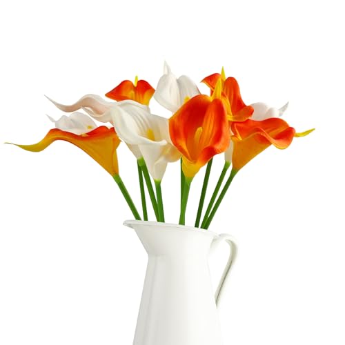 CoolCrafts 10 Pcs Calla Lily Artificial Flowers Fake Spring Flowers Faux Calla Lily Bouquet for Decoration, White Orange