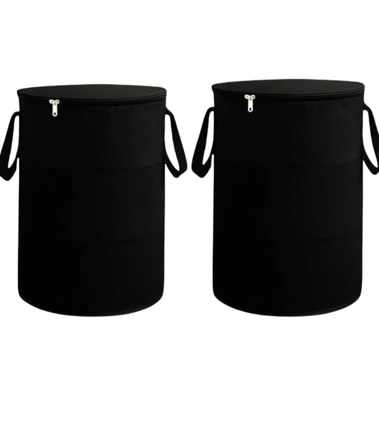 Image of Set of 2 Laundry Baskets with Zipper Lid & Handles Black, Foldable Laundry Hamper for Clothes Storage, Large Collapsible Laundry Bags for Bedroom Bathroom Dorm, Freestanding Organizer Bin