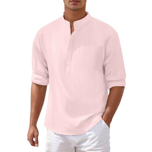 Camisa de lino para hombre, camisa de verano de manga larga, ligera, transpirable, de algodón y lino, camisa de verano para el tiempo libre, cuello alto, camisa deportiva, informal, camisa de playa