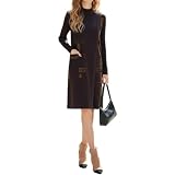 Women's Turtleneck Plaid Knit Midi Dress Long Sleeve Plaid Splicing Fall/Winter Sweater Dress with Pocket Brown