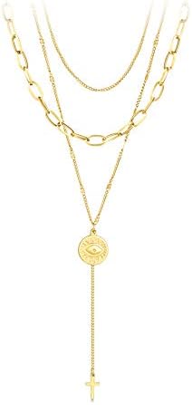 PAPAGENA Layered Choker Necklaces Gold Plated Evil Eye Cross Pendant Necklace Paperclip Link Chain Jewelry for Women