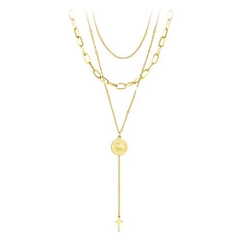 PAPAGENA Layered Choker Necklaces Gold Plated Evil Eye Cross Pendant Necklace Paperclip Link Chain Jewelry for Women Cover