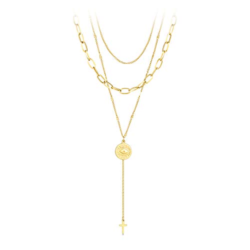 Papagena Layered Choker Necklaces Gold Plated Evil Eye Cross Pendant Necklace Paperclip Link Chain Jewelry For Women #TOP24