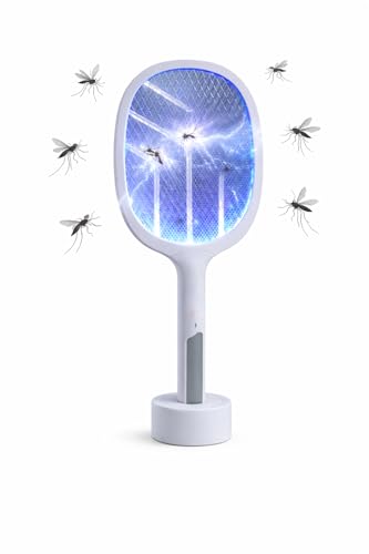 Image of 2 in 1 Mosquito Killer Racket with UV Light | Manual & Auto Kill Modes | Rechargeable Lithium Battery | Type-C USB Charging | Electric Mosquito Bat with Base Stand (White)