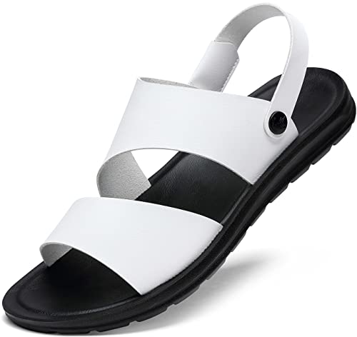 Huohuli Men's Sandals Leather Comfort Outdoor Slide Sandals Open Toe Slip-On Sandals White&Black 44 #TOP4