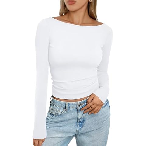 Trendy Queen Women's Boat Neck Tops Long Sleeve Shirts Casual Fitted Tee Shirts Solid Color Fall Basic Clothes White L Cover