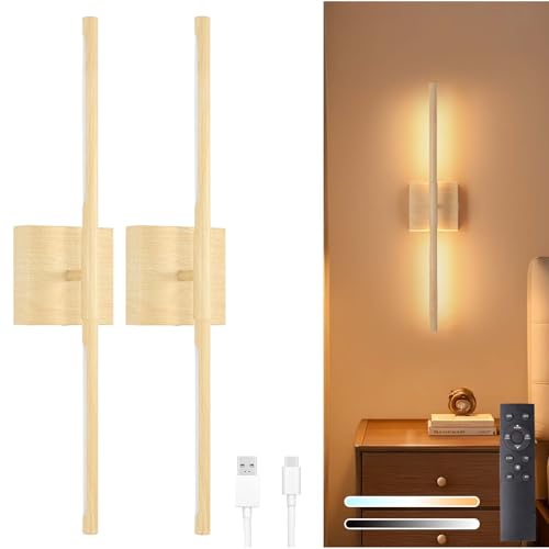 Image of Shenmoyl Battery Operated Wall Sconce Set of 2, 8000mAh Rechargeable Wall Sconces, 3000K-6000K Dimmable, 350Rotate, Indoor Wall Lights for Bedroom Living Room, Original Wood, 23.6 Inch