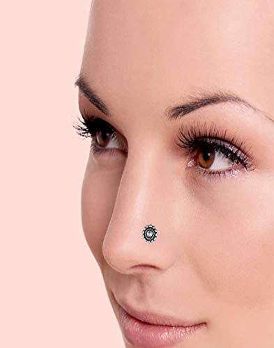 abhooshan Pure 92.5 Sterling Oxidized Silver Tribal look Flower Shape Nose Pin for Women and Girls Stylish with Piercing Nose