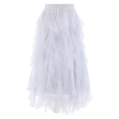 WERFORU Damen Tüllrock Elastisch Taille Midi Rock High Low Layered Puffy Fee Röcke Tutu Rock