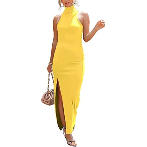 Women's Halter Bodycon Maxi Dress - High Neck Sleeveless Slit Ribbed Club Long Tank Dresses, Halter-yellow, Medium Cover