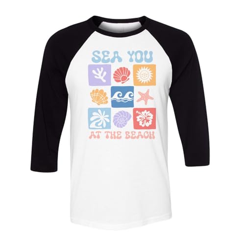 TeesAndTankYou Sea You at The Beach Three-Quarter Raglan Sleeve Baseball Shirt Unisex Medium White/Black