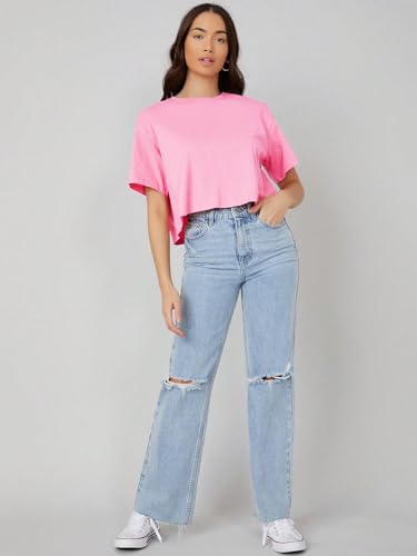 Image of KOTTY Women's Solid Cotton Blend Oversized Crop T-Shirt | Casual Summer Tee