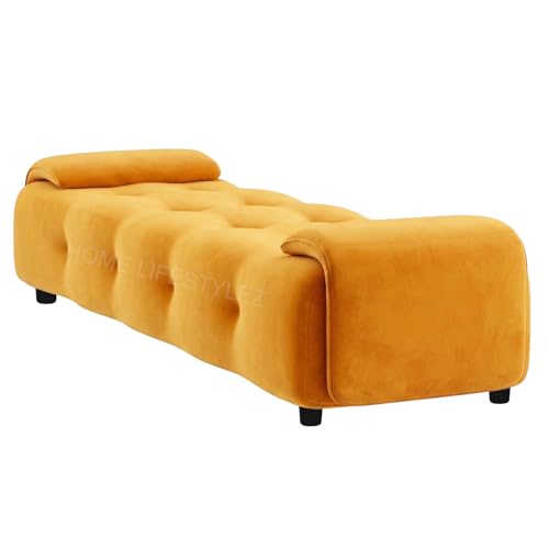 Image of Home Lifestlez Monel 2 Seater Tufted Ottoman Bench | Velvet Upholstered | Seating Bench Window Bench Footrest Stool End of Bed Bench Living Room Furniture | Comfortable & Stylish - Yellow