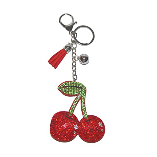Popfizzy Red Cherry Keychain, Bling Backpack Charm, Rhinestone Bag Charms, Keyring Key Fob