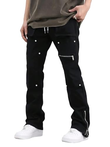 GORGLITTER Men's Casual Grunge Baggy Sweatpants Hiking Stacked Flared Cargo Work Pants Rivets Trousers
