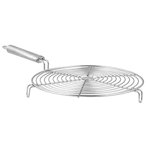 4EV7 14-Inch Round Tandoor Grill Jali with Steel Handle for Papad Roti BBQ Barbeque Cooking | Circular Roaster Net for Gas Stove | Iron Mesh Kitchenware Tool for Home Cooking (Silver)