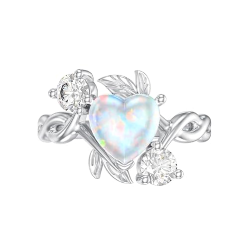 Image of 0.3 Carat Moissanite and White Opal /Blue Opal /Black Opal Engagement Ring 925 Sterling Silver 8-9 MM Heart /Round /Oval Cut Opal Moissanite Ring for Women Size 5-13