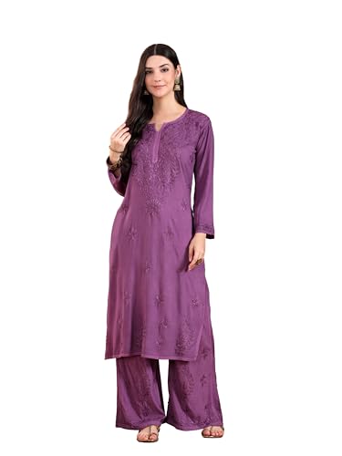 Image of POSHAK CHIKAN STUDIO Women's Hand Embroidered Lucknowi Chikankari Rayon Co-ord Set