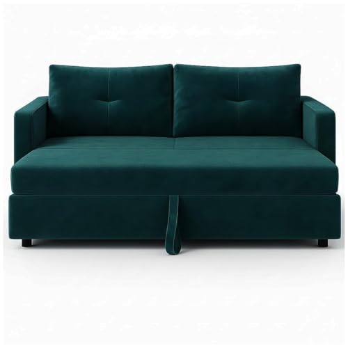 Image of FURNY Soria 2 Seater Pull-Out Premium Velvet Fabric Sofa Cum Bed Sofa Set for Living Room (Greenish Teal) Premium Finish | Ideal for Living Rooms, Bedrooms