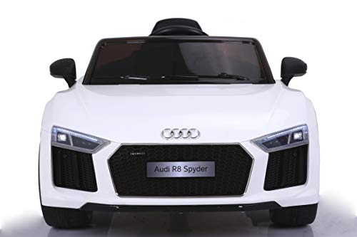 Preisvergleich Produktbild Audi R8 Spyder Elektrisches Kinderfahrzeug, Weiss, Original lizenziert, batteriebetrieben, Öffnungstüren, Ledersitz, 2X Motor, 12 V Batterie, 2.4 Ghz Fernbedienung