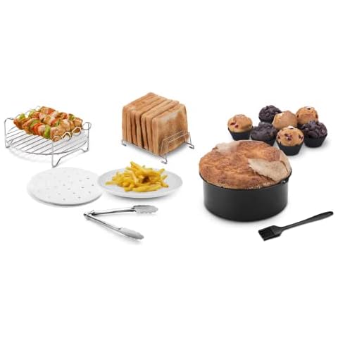 Ufesa Pack 7 Accessories for Oil-Free Air Fryer, 3.5L or More, Cake Mold, Grill, Skewers, Toast Holder, Cupcake Molds, Silicone Brush, Tongs and Vegetable Paper, BPA Free Cover