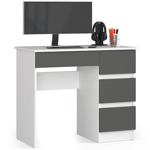 AKORD Schreibtisch A7 90 cm | 4 Schubladen Rechts | Computertisch | Für Zuhause | Für das Büro | Für die Arbeit | B90 x H77 x T50 cm | Gewicht 30,50 kg | Weiß/Graphitgrau