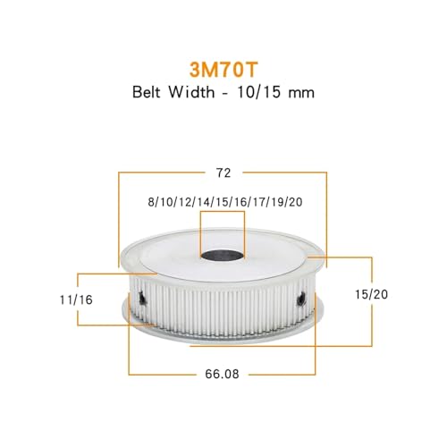Polea de distribución 3M-70T diámetro interior 12mm para correa de 10mm 3