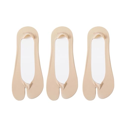 DUNKOING 3 Pairs Low Cut Tabi socks Women No Show Flip Flop Sock Thin Non Slip Summer Socks for Sneakers Loafers Sandals 5-9 (US, Numeric, 5, 9, Regular, Regular, 3Beige)