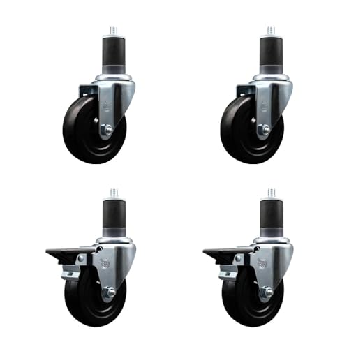Soft Rubber Swivel Expanding Stem Caster Set of 4 with 4 Inch Black Wheels and 1-5/8