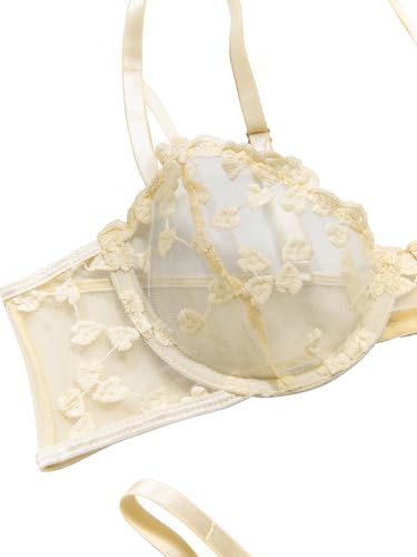 Image of Lilosy Sexy Underwire Cute Push Up Strappy Embroidered Mesh Sheer Lingerie Set See Through Panty Bra
