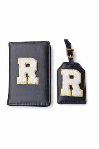 Image of Passport Cover & Bag Tag Combo | Personalized Initial Alphabet Custom A-Z Name Initial | Fits Standard Passports | Travel GiftIdeal Travel Gift for Women, Girls & Couples (Black)