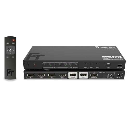 FeinTech AX341 HDMI 2.1 eARC Splitter Switch 4 In 2 Out mit Audio Extractor (eARC-Soundbar Toslink & AUX) 8K 60Hz 4K120Hz Downscaler