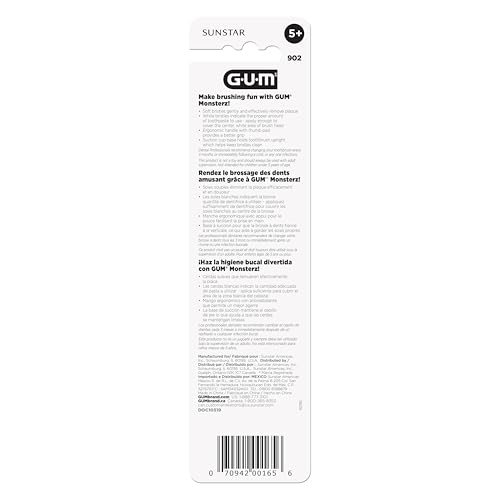 Image of GUM Monsterz Jr Kids Toothbrush, Soft Bristles with Suction Cup Base, Ages 5+, 2 Count (Pack of 6)