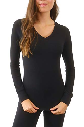 Pure Look Women's Long Sleeve Waffle Knit Stretch Cotton Thermal Underwear Shirt, Large, V-Neck...
