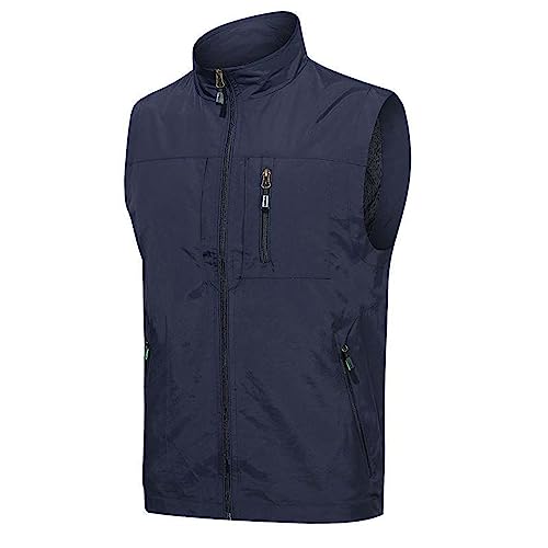 Dgoopd Lightweight Vest for Men Sleeveless High Neck Zippper Pockets Hiking Vest with Pockets Dark Blue