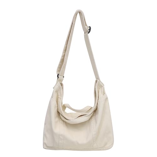 Image of Cotton Tote Handbag Women Canvas Crossbody Beach Bag Hobo Shoulder Tote Bag with 3 External Pocket,Zipper Closure