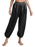 Freebily Pantalones De Danza del Vientre Mujer Pantalones Harén De Satén Pantalón Bombacho para Yoga Pilates Canaval Negro L