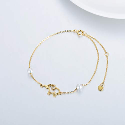 Image of SISGEM 10k Gold Diamond Elephant Bracelet for Women, Real Gold Pearl Lucky Jewelry Bracelets Present for Her, 6.4 inch+1 inch+1 inch